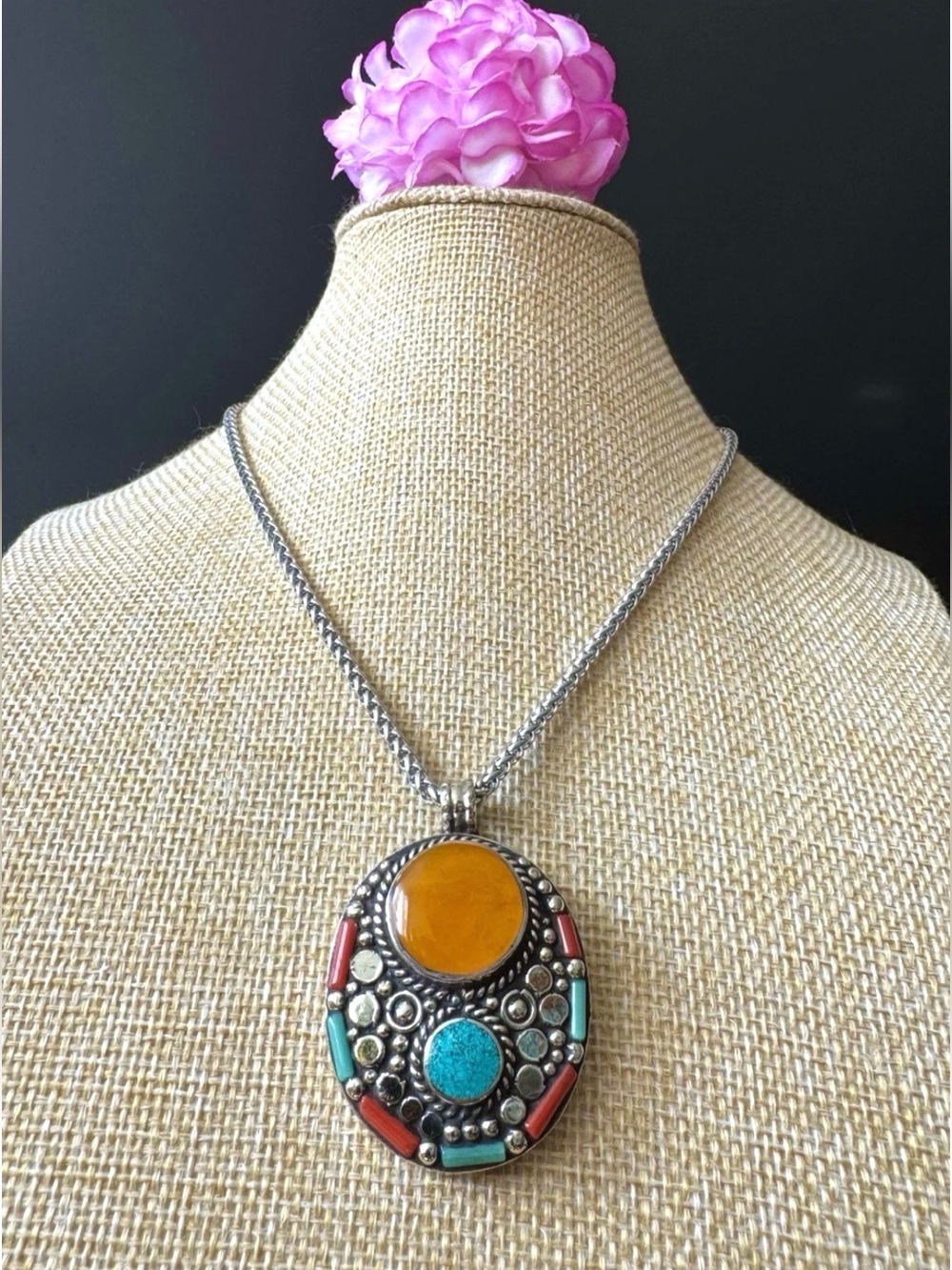 Handcrafted Ethnic Indo/Tibet Tribal Pendant Inlay Stones Set In Silver 27grams